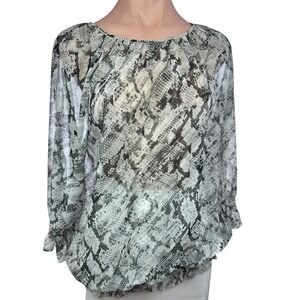 Chico's Size 2/ L Sheer Pullover Top Blouse Gray & White 3/4 Sleeve Polyester